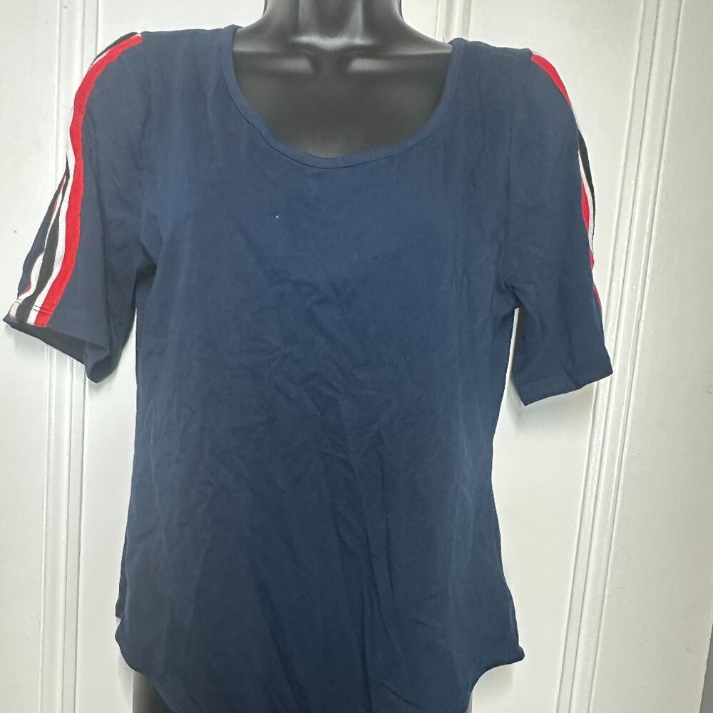 Abiance Navy Bodysuit 1X – Red & White Stripe Sleeve NWT